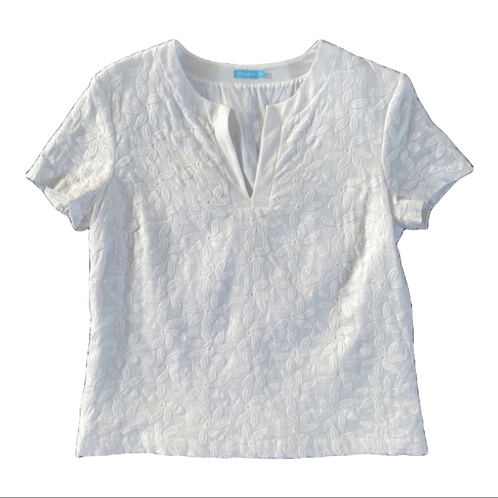 J. McLaughlin White Floral Linen Top Size Large